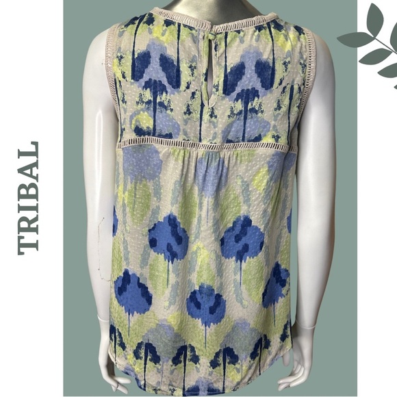 Tribal Blouse Sleeveless Ladder Lace Watercolor Print Blue Green Wild Lime  XS - Picture 6 of 9